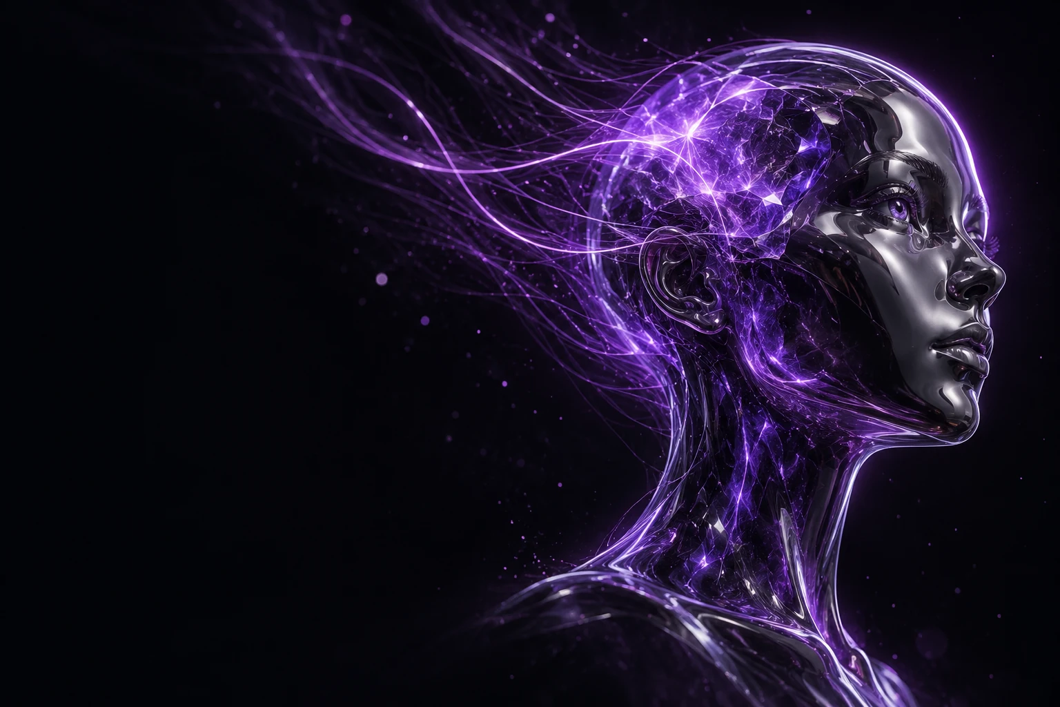 Sculptural human profile in dark chrome with flowing violet light, representing human intelligence amplified by AI